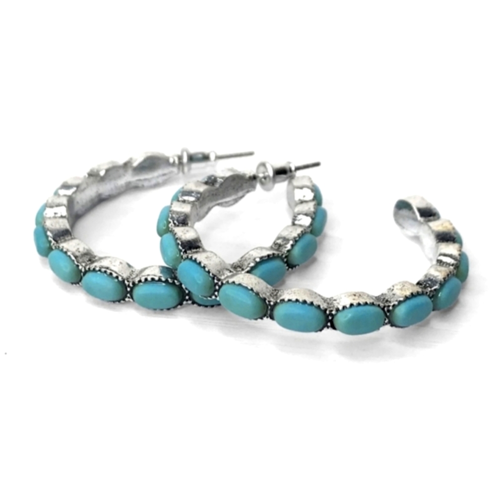 Stunning Turquoise and Silver Tone Western Style Hoop Earrings - Picture 3 of 5
